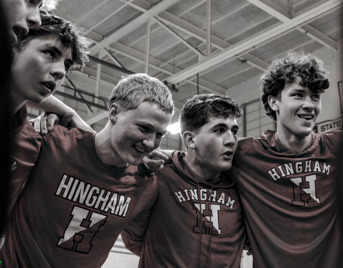 From Left: Mattie Cummings? Alexander Rozanitis, Bradley Wheeler, Jake Varholak, and Gabe Tesler huddle together to hype up before their game against Hanover.