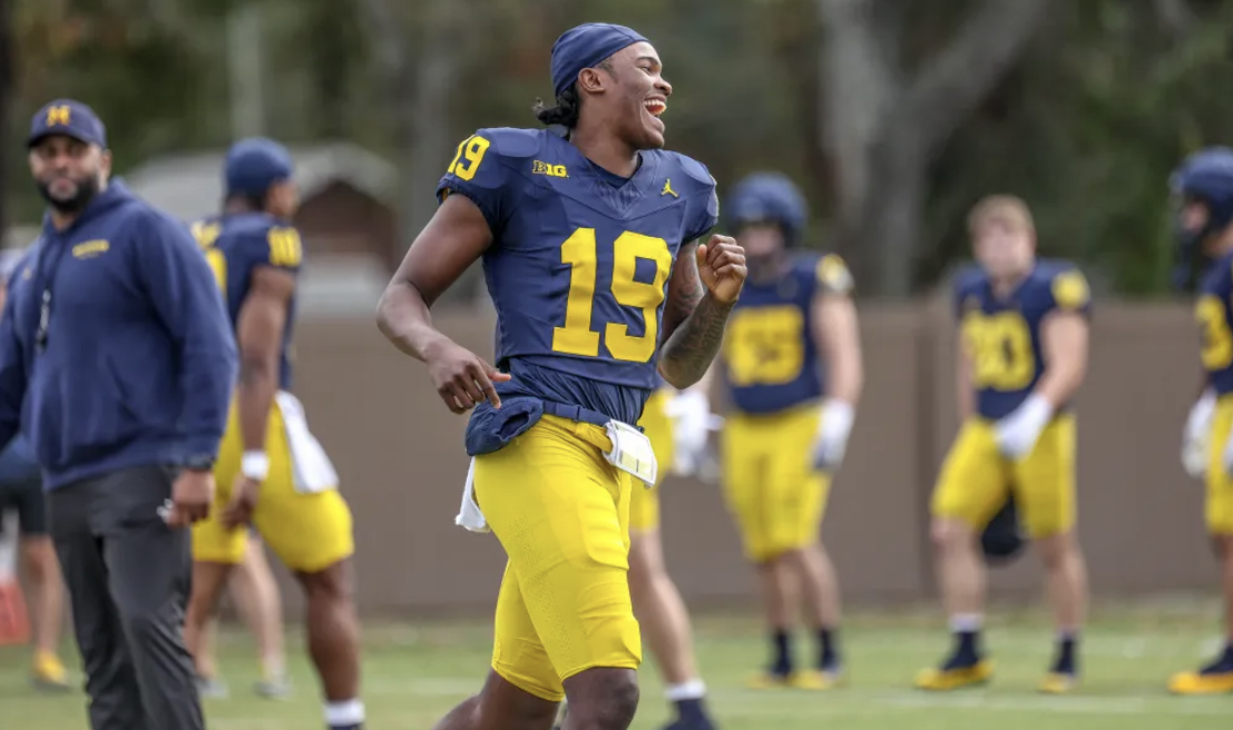 Number one recruit in the class of 2025, Bryce Underwood warms up for a practice with the Michigan Wolverines 