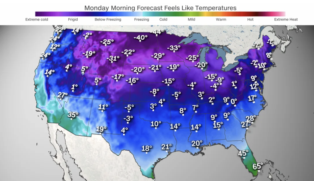 The upcoming temperatures across the US for Monday 1/20/25 are well below average.