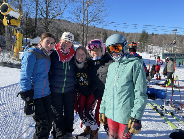 Girls ski team members Eva Perine (freshman), Libby Rogers (junior), Gabi Magner (junior), Emily Kiernan (junior), and Isabel Dubose (sophomore) at their most recent race on Saturday 25th!
