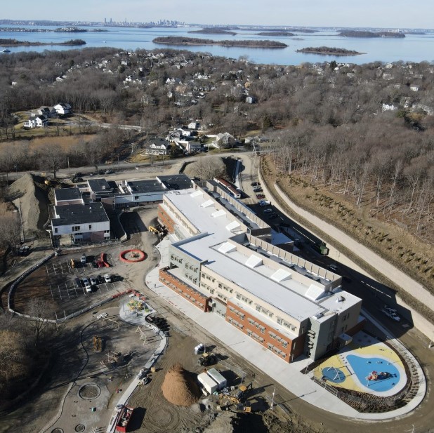 A bird’s eye view of the new Foster (bottom) next to the old (top). The tremendous improvements in capacity and modernity are evident even from a distance. Taken by Carol Britton Meyer for the Hingham Anchor.
