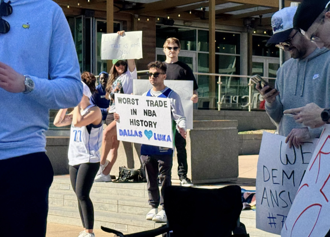 Angry Maverick fans gather outside American Airlines Center to protest the Luka Dončić trade 