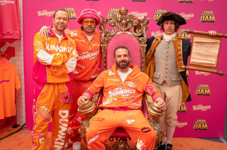 From left to right, Ben Affleck, Casey Affleck, Jeremy Strong, and Donnie Wahlberg appear in a commercial for Dunkin’ Donuts that aired in the Super Bowl on Sunday, Feb 9, 2025. (Dave Jacobs/Billboard News)
