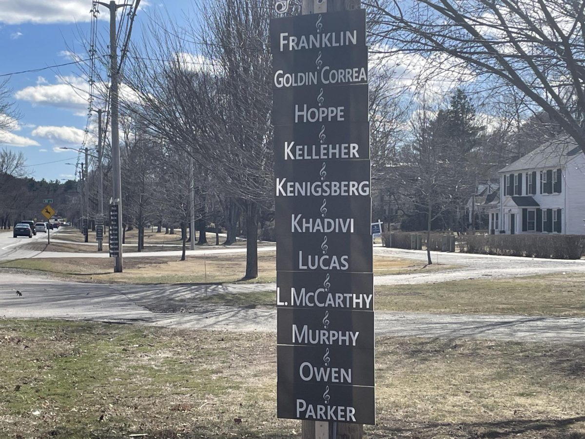 Signs with the names of every Hingham High School music student line Main Street from Second Parish Church to Cushing Street.