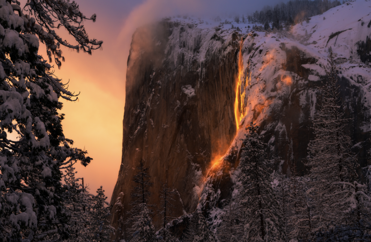 The remarkable Yosemite Firefall illuminated by the setting sun. 