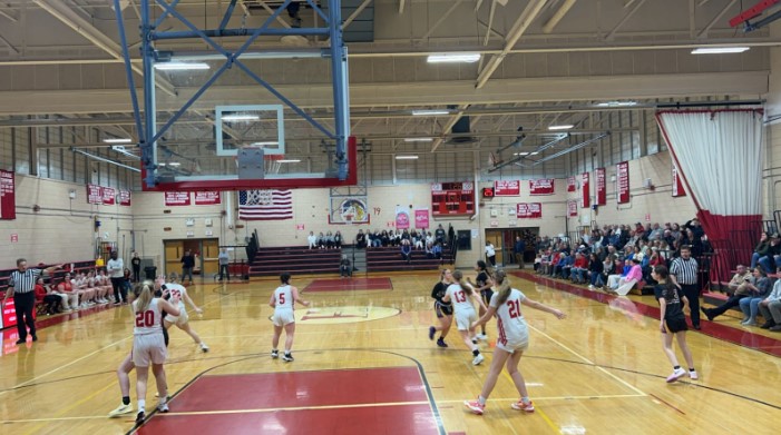 Sarah Nauyokas, Sienna Powers, Sophia McDougall, Anna Post, and Elodie Dupin hustle on defense as the game clock winds down to secure their first playoff win. (Credit: Zac Abusheleih)
