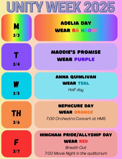 The colorful Unity Week Poster displays the weeks schedule of color-assigned days to support local causes and facilitate community building
