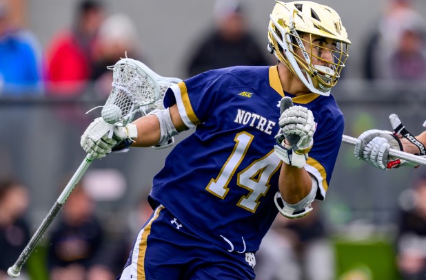 Notre Dame’s Jordan Faison runs by Denver defender in the 2024 NCAA semifinals (Notre Dame Athletics). https://www.insidelacrosse.com/article/how-jordan-faison-balances-lacrosse-football-and-how-he-makes-it-look-so-easy/62886#google_vignette 