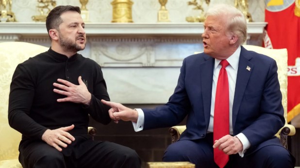 US President Donald J. Trump and Ukrainian President Volodymyr Zelensky openly clash during an argument in the Oval Office of the White House in Washington, DC. (Saul Loeb/Getty Images)
