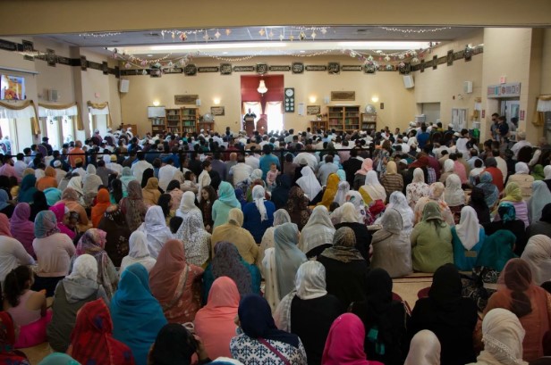 Muslims gathered during Ramadan inside of the ICNE in Sharon MA listening to an informational meeting  (ICNE Sharon)
