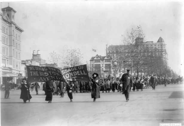 (In 1913, the day before Woodrow Wilson was inaugurated, women marched for their rights. Photo Credits: Library of Congress via AP)
