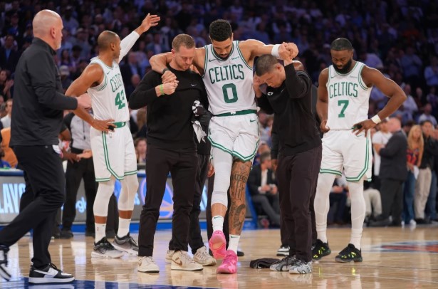 Jayson Tatum limps off the Madison Square Garden court after rupturing his Achilles in game four of the Eastern Conference semifinals. Taken by Frank Franklin II for MSNBC
