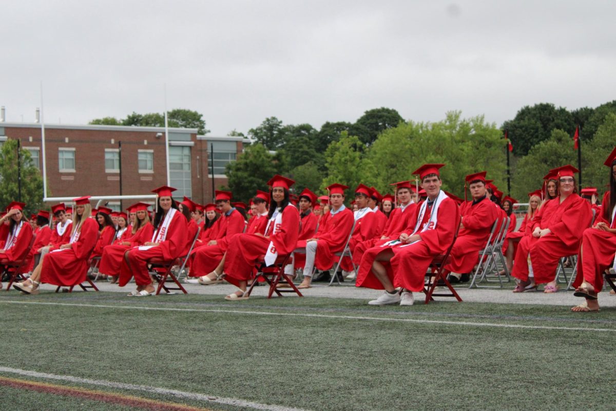 The graduating class patiently listens to the various speakers before it's diploma time. 