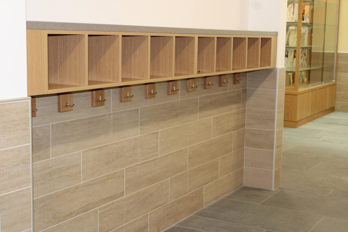 Brand new cubbies line the hallways. 
