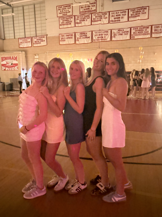 (left to right) Bo Wilson, Maggie Corey, Abigail Lebretton, Libby Baxter, and Jenna Varholak pose for a picture at the 2025 homecoming dance.