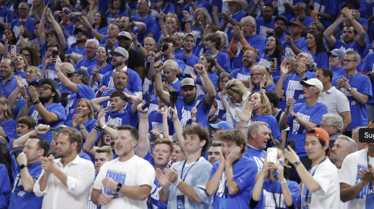 Oklahoma City Thunder fans celebrating during Game 5 of the second round of the NBA playoffs in 2025.