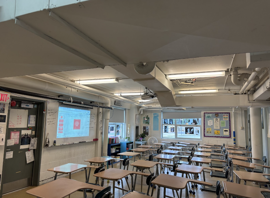The empty health classroom located under the girls' locker room.