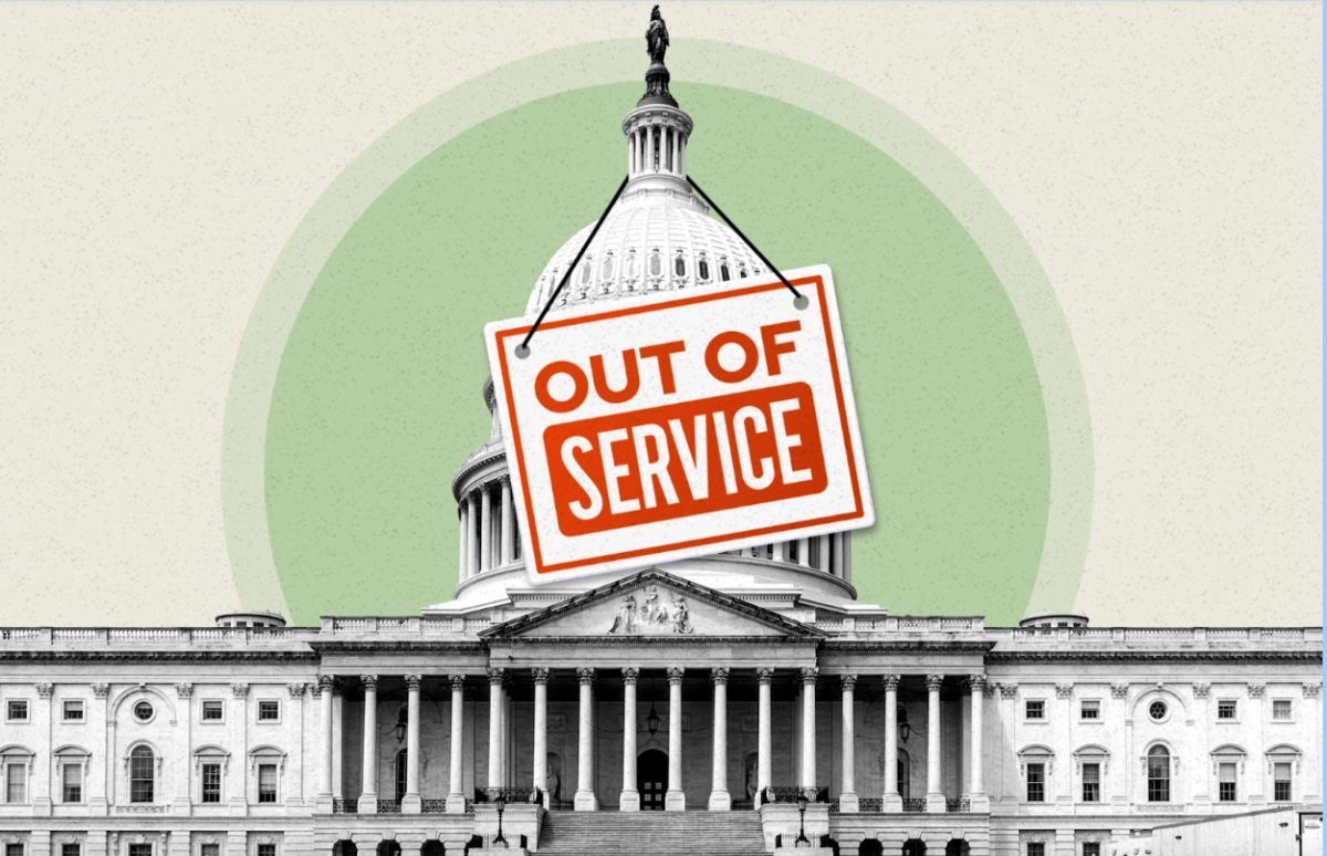 An edited photo of the capital building with an out of service sign, referring to the government shutdown. 