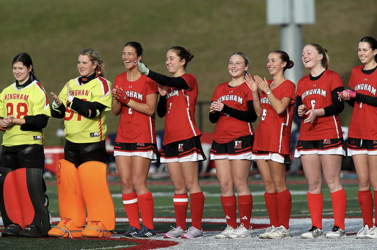Molly McDonald, Lina Struzziery, Ella O’Neill, Emily Kiernan, Libby Koyce, Caitlin Patten, Libby Rodgers, and Sammy Price get excited before their final game. 