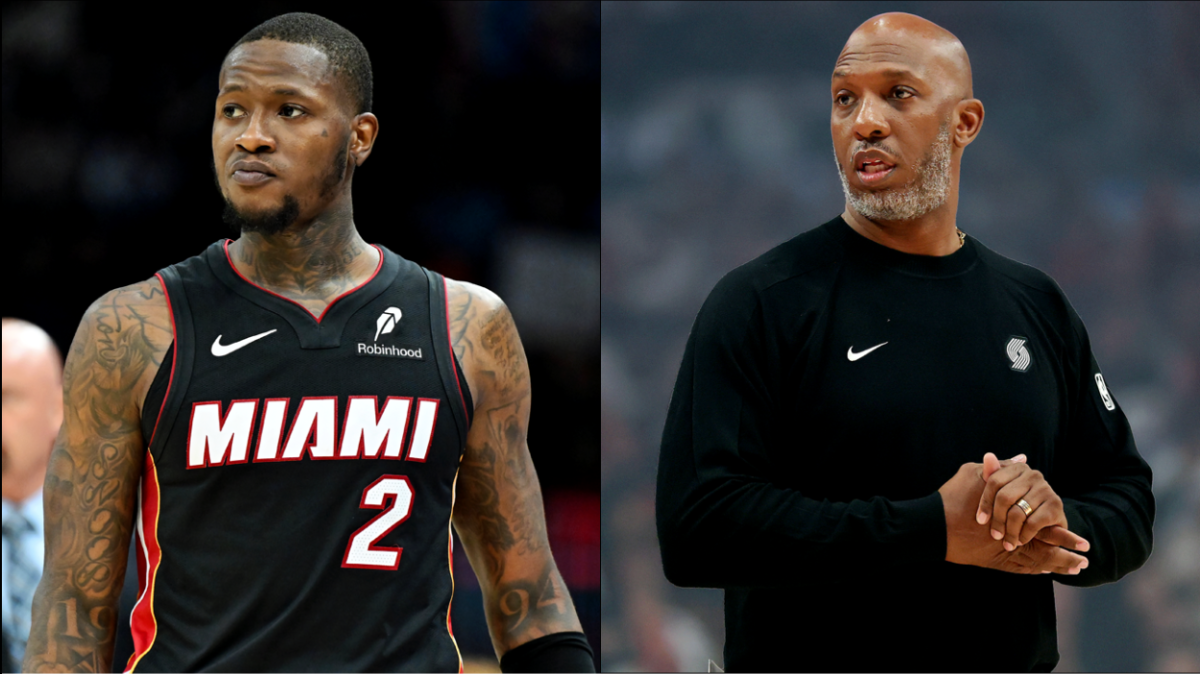 Terry Rozier and Chauncey Billups wear their respective uniforms.
