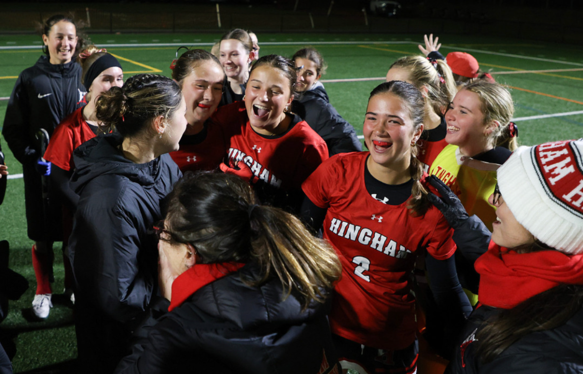 Hingham Field Hockey Team celebrates as they defeat Canton in the Final Four and advance to the State Championship.