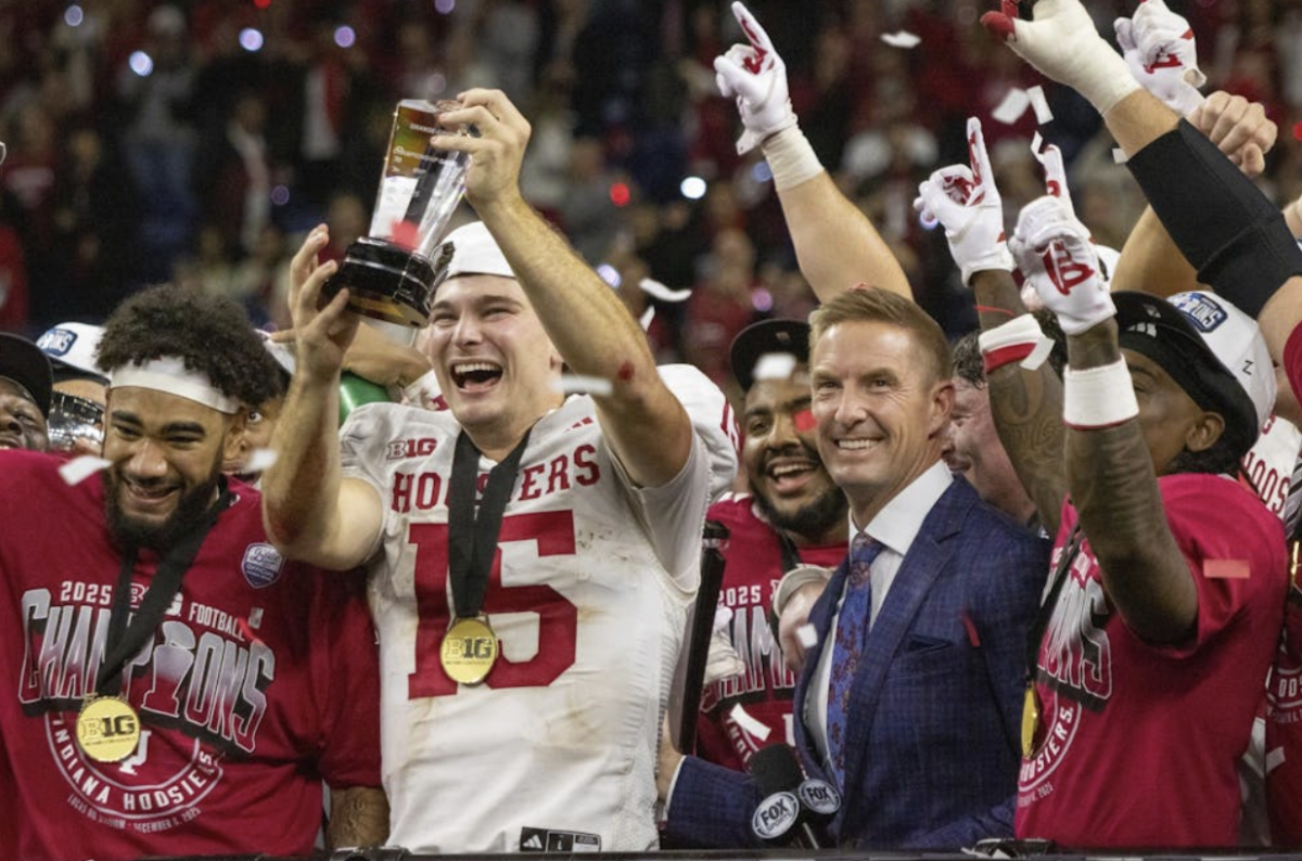 Indiana’s Fernando Mendoza celebrates after defeating Ohio State in the Big 10 championship on December 6, 2025.