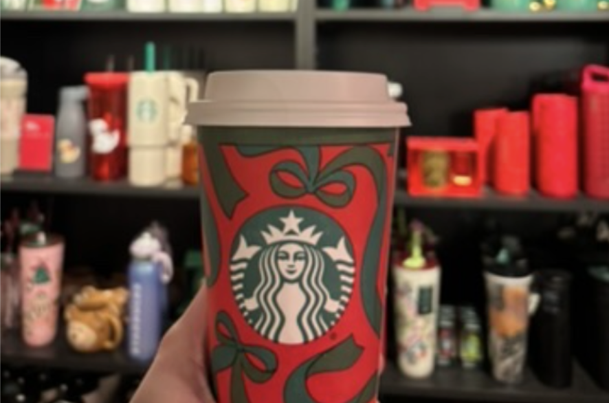 Starbucks Peppermint hot chocolate with all the holiday cups and merch.
