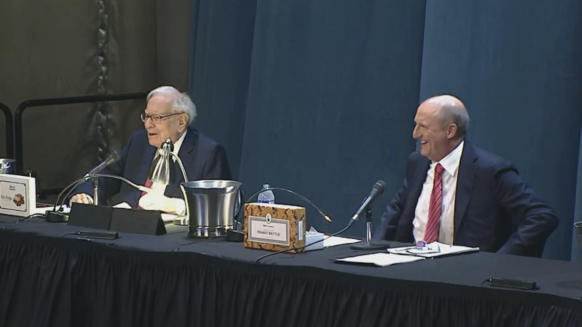 Warren Buffett and Greg Abel appear together at Berkshire Hathaway's annual shareholders meeting in Omaha, Nebraska, symbolizing the company’s leadership transition on May 4, 2024.