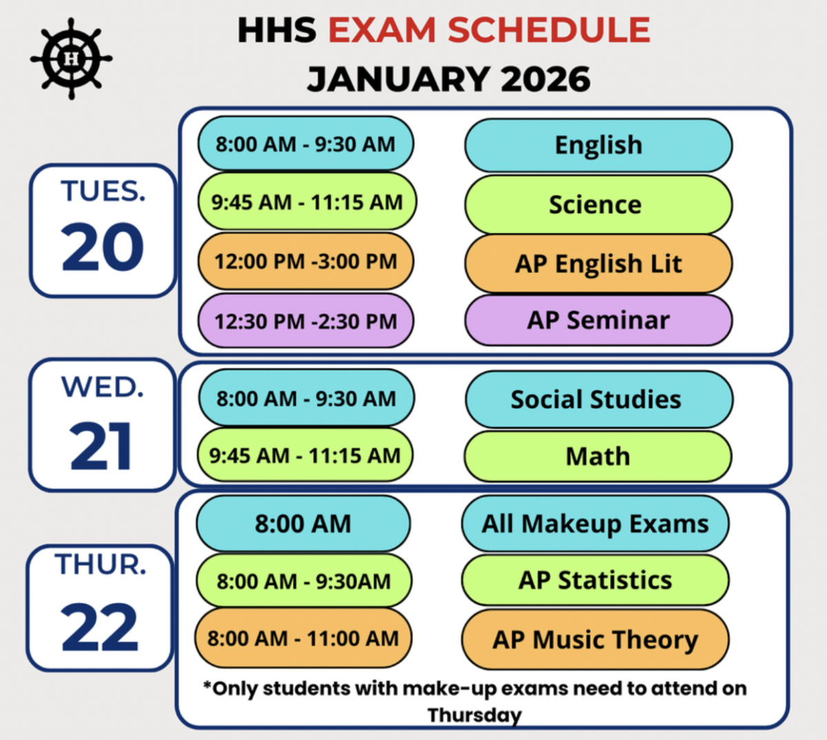 The Hingham High School midyear exam schedule for 2026. (Hingham Public Schools, Dr. Buckey)