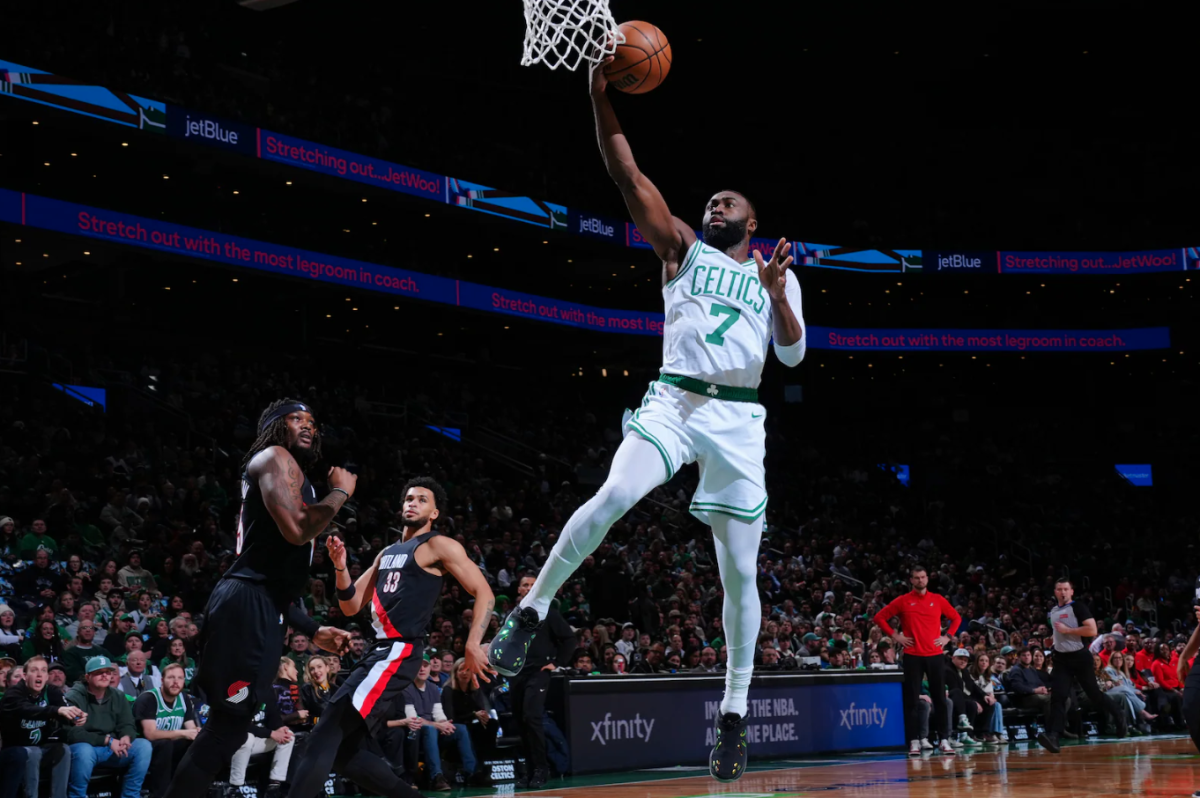 Celtics star Jaylen Brown extends for an easy two points against the Portland Trail Blazers.