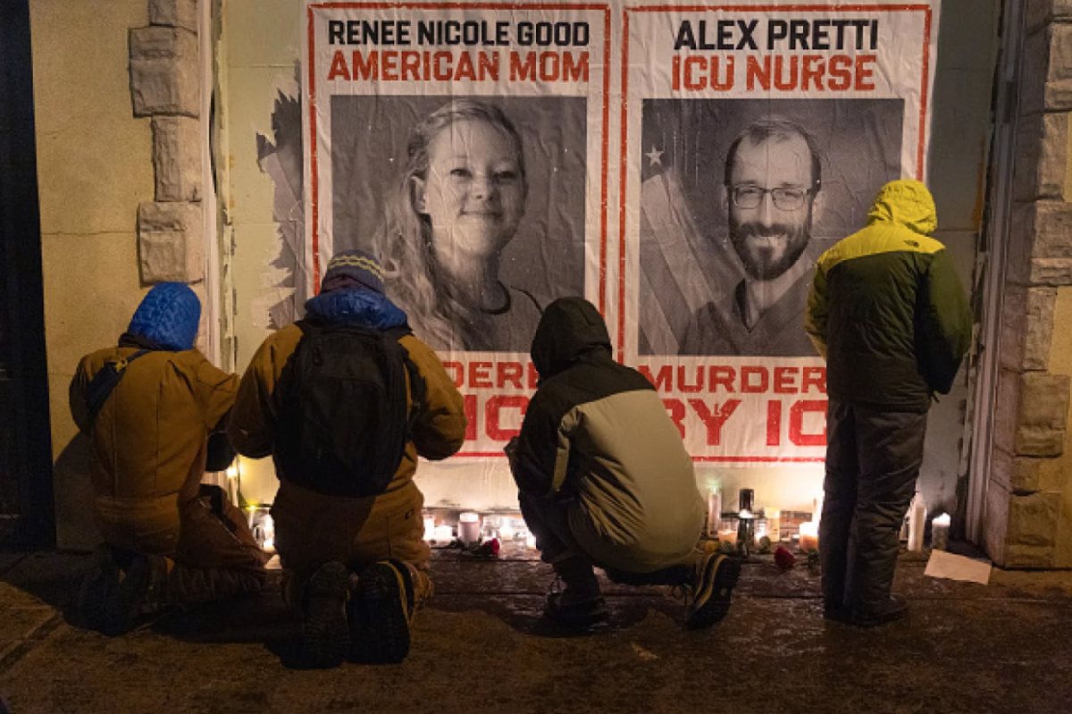 A candlelight vigil is held in Minneapolis for Renée Good and Alex Pretti at the site of Pretti’s death.