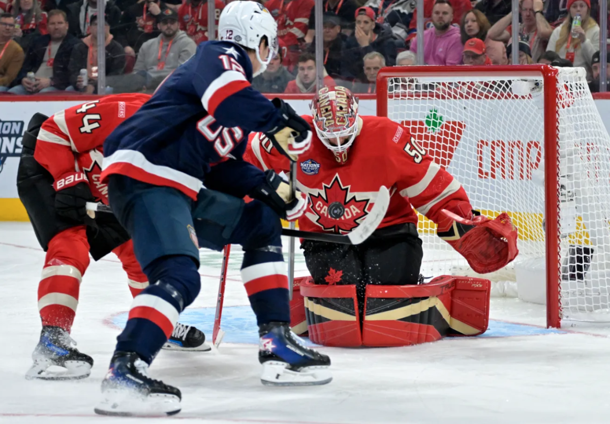 Canada goalie Jordan Binnington stops a shot from USA forward Matthew Boldy during the round robin of last year’s 4 Nations Faceoff, a game which USA won 3-1.