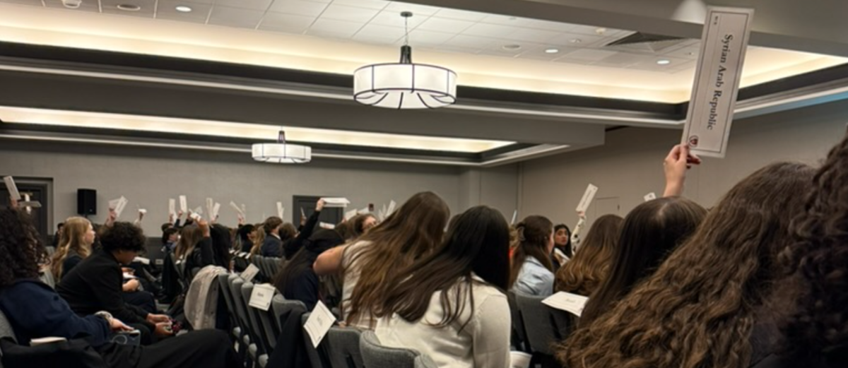 Delegates raise their placards during a committee session as they vote to pass a motion at the Harvard Model United Nations conference.