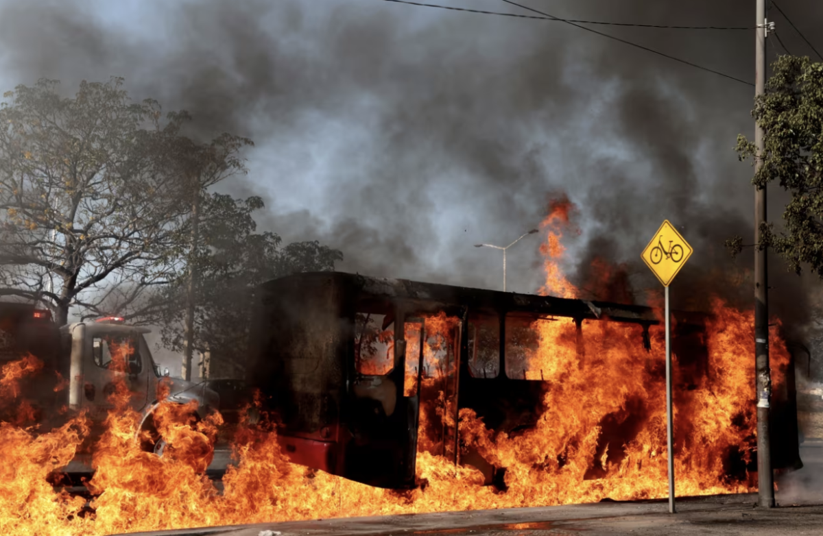 Organized crime groups destroy and burn vehicles and buildings in Jalisco in response to the targeted arrest and soon after death of a high ranking cartel leader. 