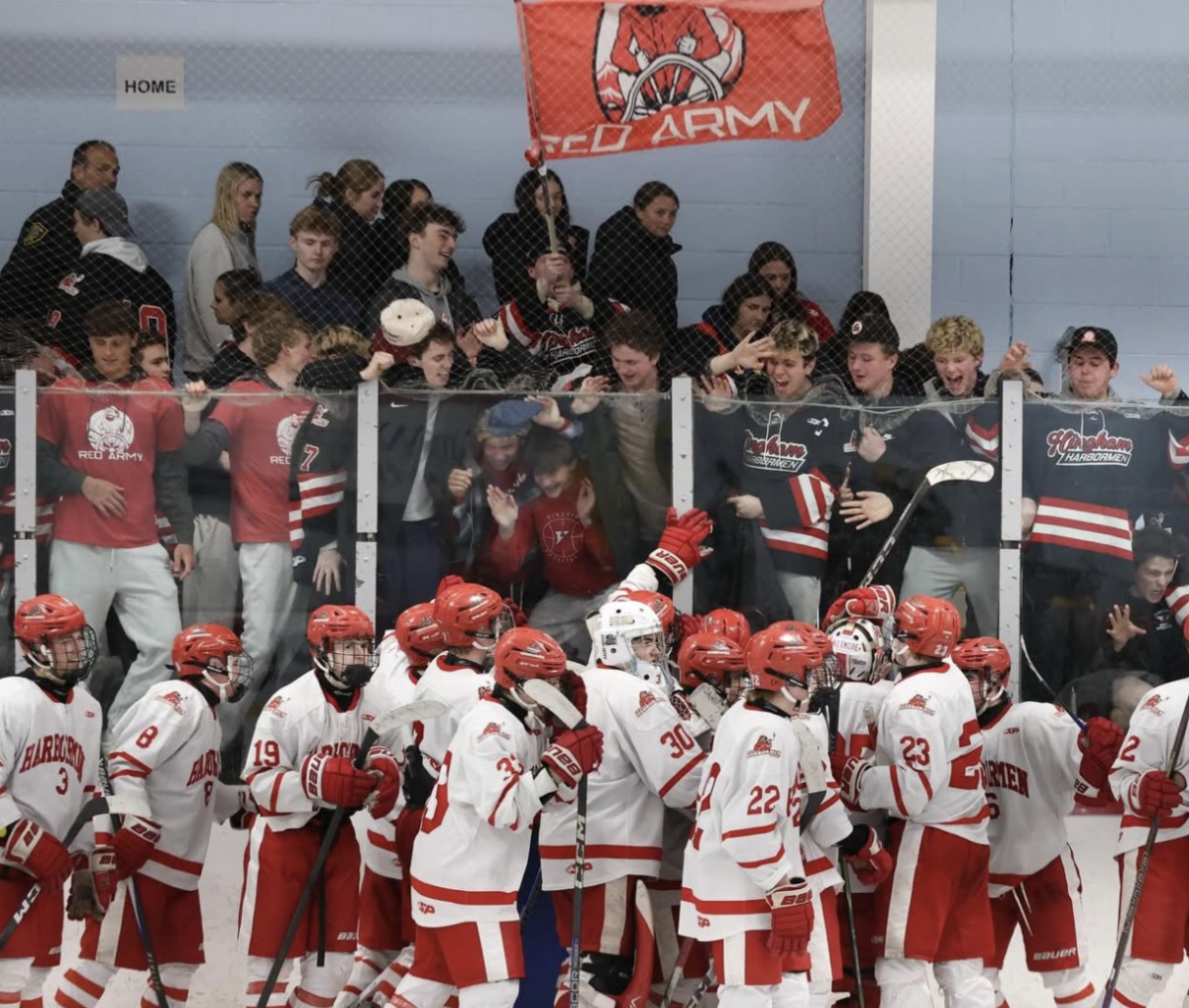 The Harbormen celebrating with the Red Army after a dominant win over Weymouth. 