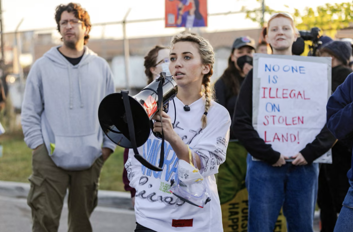 Kat Abughazelah, a young democratic candidate for Illinois’ 9th Congressional district in the 2026 midterm, protests ICE.