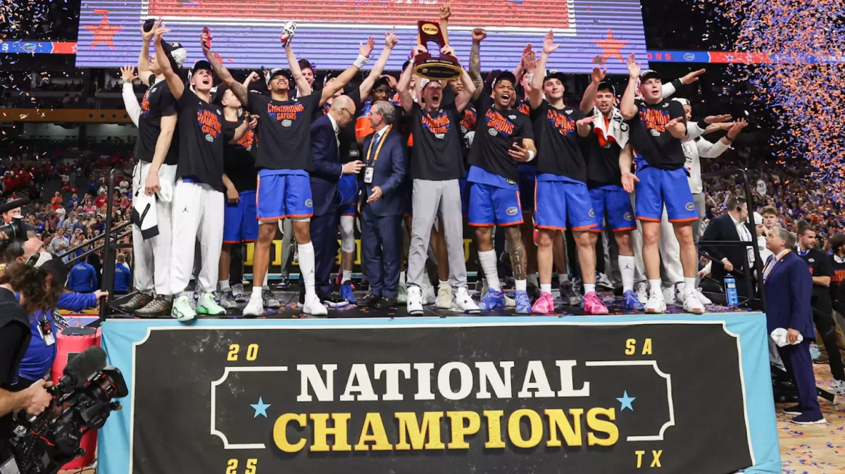 The Florida Gators celebrate on top of the podium after defeating Houston in the 2025 National Championship game.