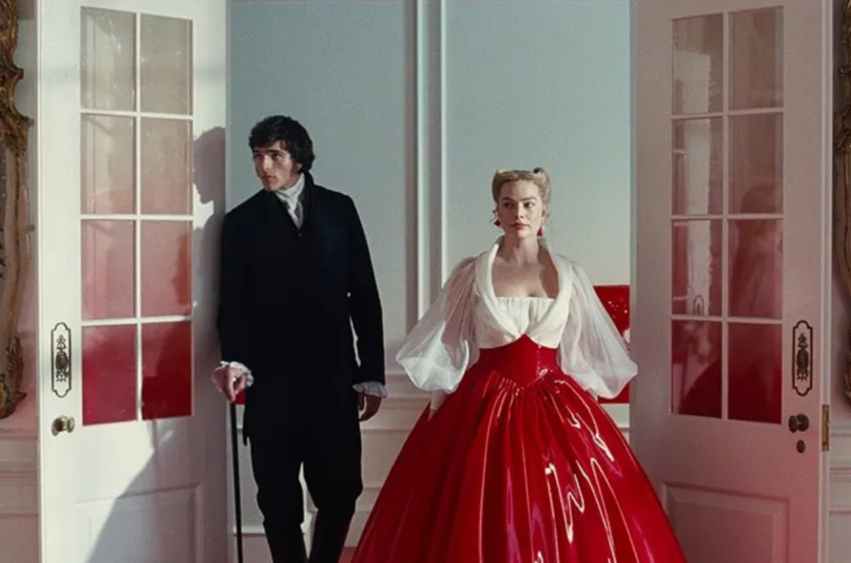 A scene from “Wuthering Heights” of Heathcliff (played by Jacob Elordi) and Cathy (played by Margot Robbie) in Thrushcross Grange.