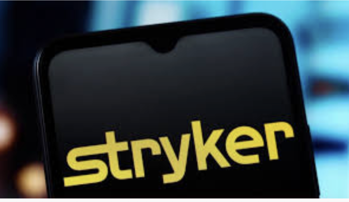A phone pictured with the Stryker logo following the major cyberattack on the medical company’s servers.