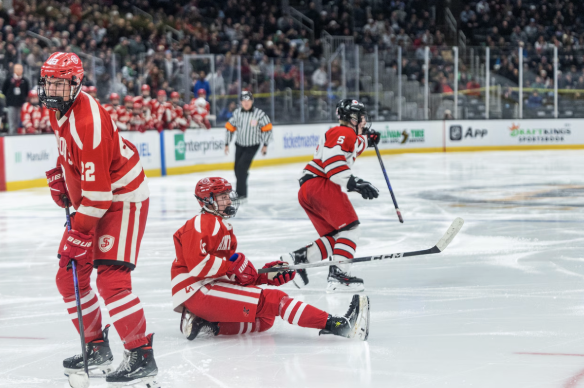 Pope Francis sophomore defenseman Luke Latulippe celebrates after scoring the overtime goal in the Division 1 State Championship game at TD Garden last Sunday. 