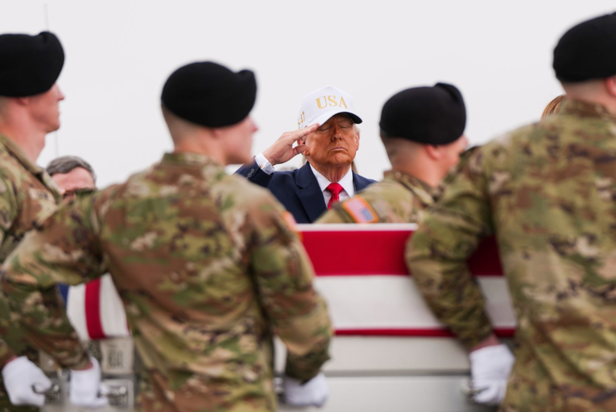 During an honorable transport at Dover Air Force Base in Delaware on March 7, United States President Donald Trump salutes the six US Army Reserve soldiers who were killed on March 1 in an  Iranian drone strike. 