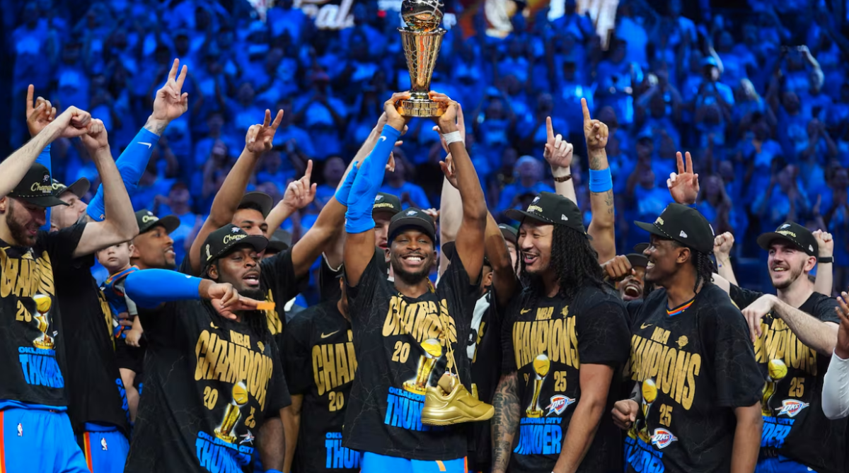 Oklahoma City Thunder superstar Shai Gilgeous-Alexander and his teammates celebrate after winning the 2025 NBA Championship.  https://www.cbc.ca/news/canada/hamilton/hamilton-shai-gilgeous-alexander-mvp-1.7569205  