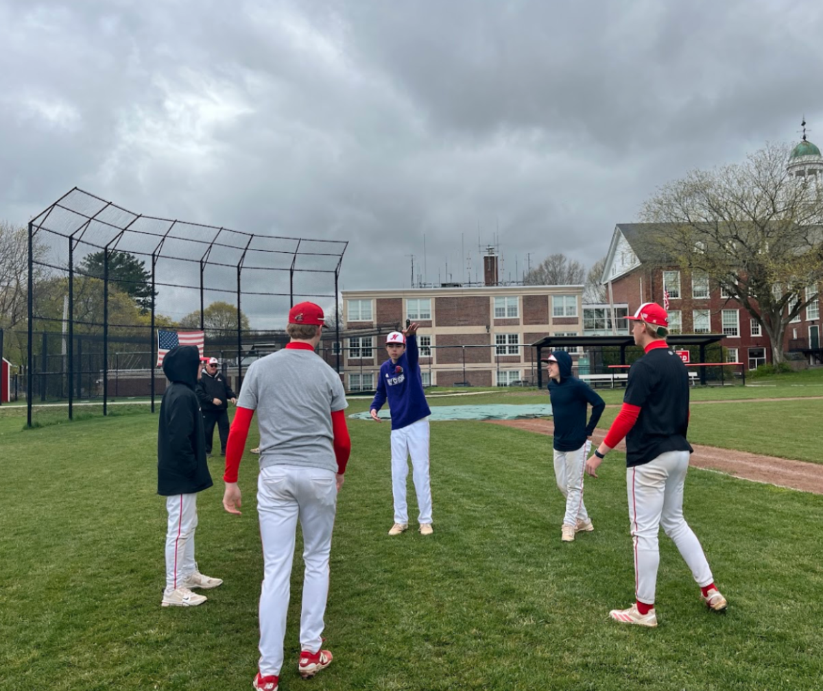 Hingham Baseball Players (Left to Right: Senior Sean Callahan, Junior Will Jones, Senior Alexander Rozanitis, Senior Luca Greco, Senior Colin Garrity) play hacky sack together before an afterschool practice.