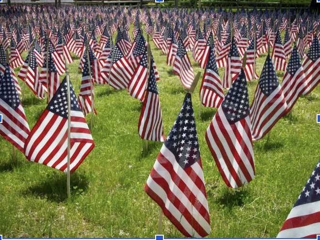 American flags in the ground to honor veterans (Old Sturbridge Village)