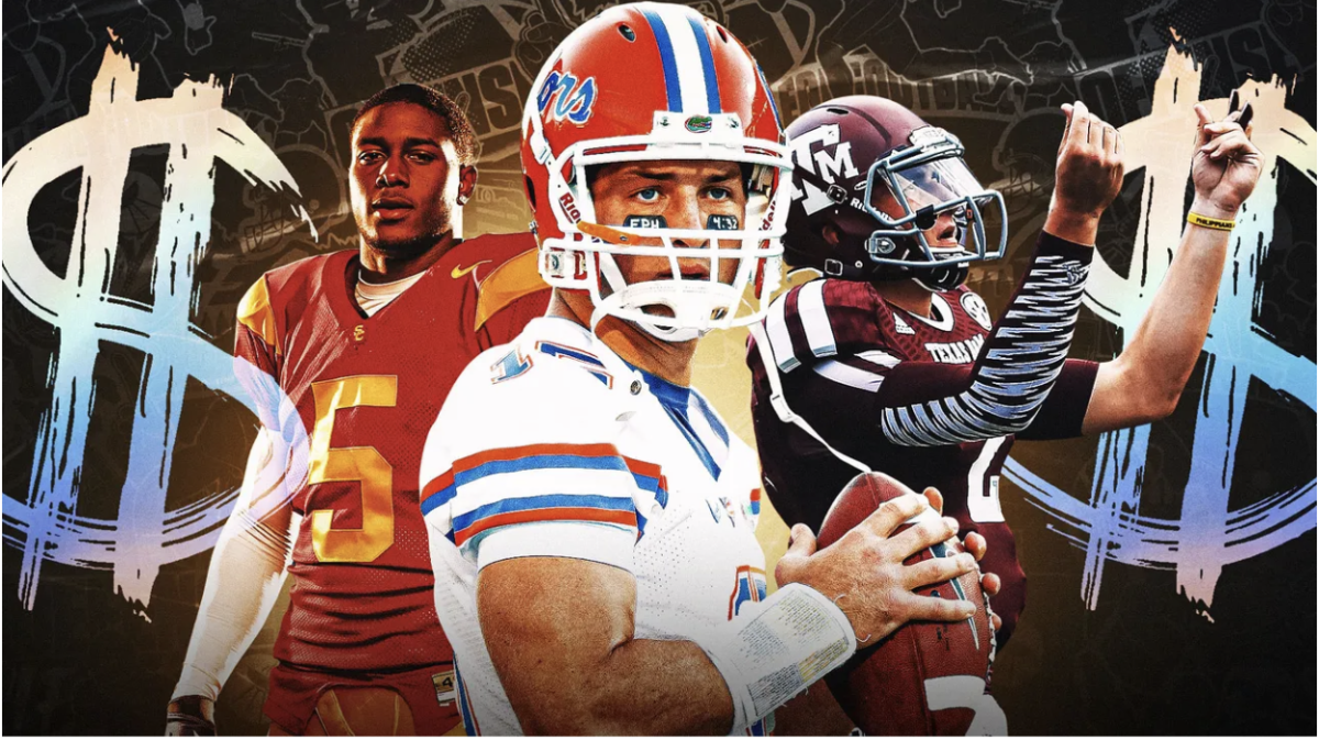 Old College football players Reggie Bush (Left), Tim Tebow (Middle), and Johnny Manziel (Right) pose around money signs.