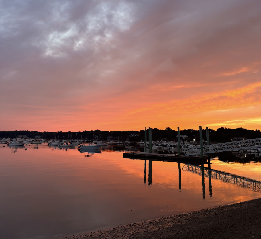 The sunrise on Hingham Harbor captured the beautiful pink hues of the sky.