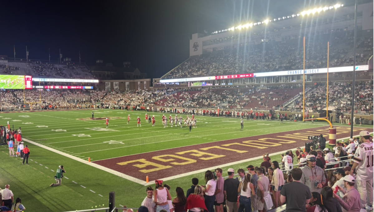 Boston College lines up for a pivotal third down play late in the game, as viewed from Section V of Alumni Stadium

