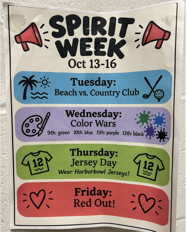 October 13th-16th’s Spirit Week schedule as posted in the 120s hallway, announced by Dr. Buckey in October 5th’s Monday Message.