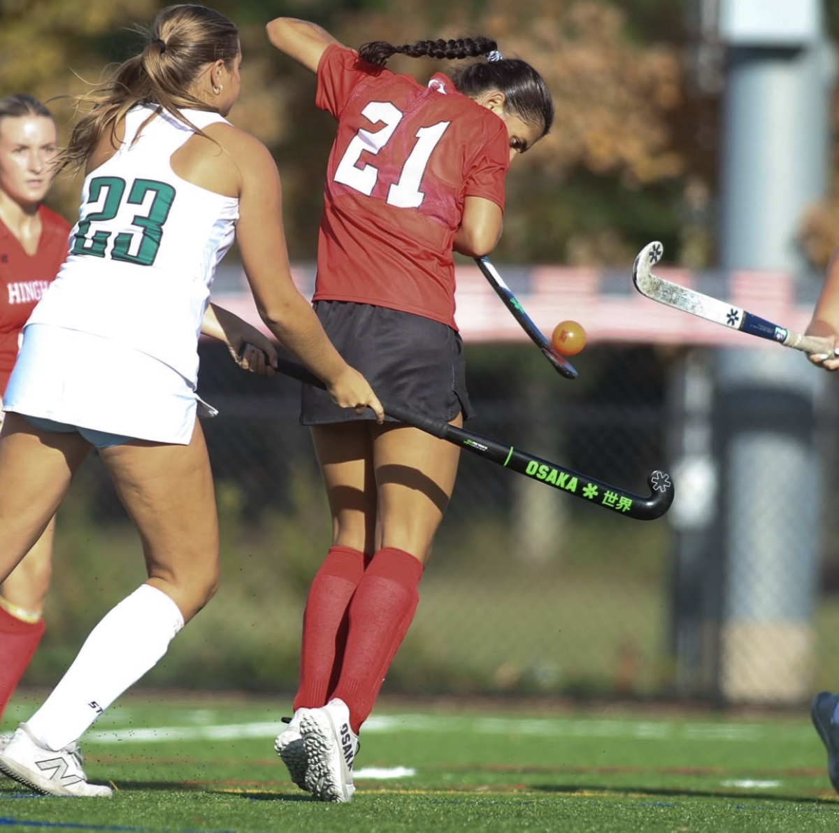 Number 21, Jenna Varholak, defending the ball against Duxbury during their September 17, 2026 game. Photo Credit: Josh Ross