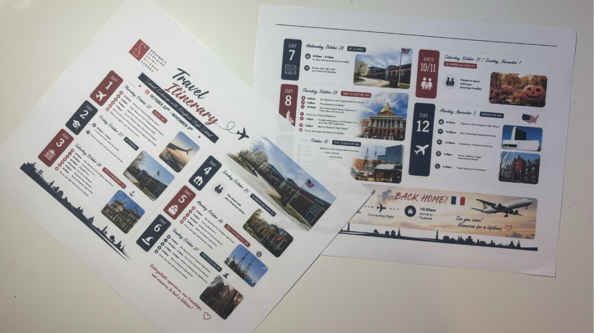 The French exchange students plan to stay in Hingham for twelve days and visit cities such as Boston and Newport while in America, as shown by the above itinerary.